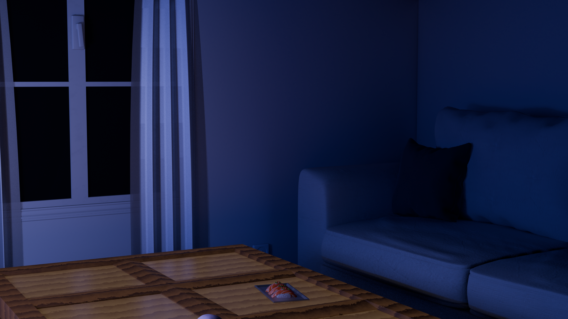 Blue bedroom at night